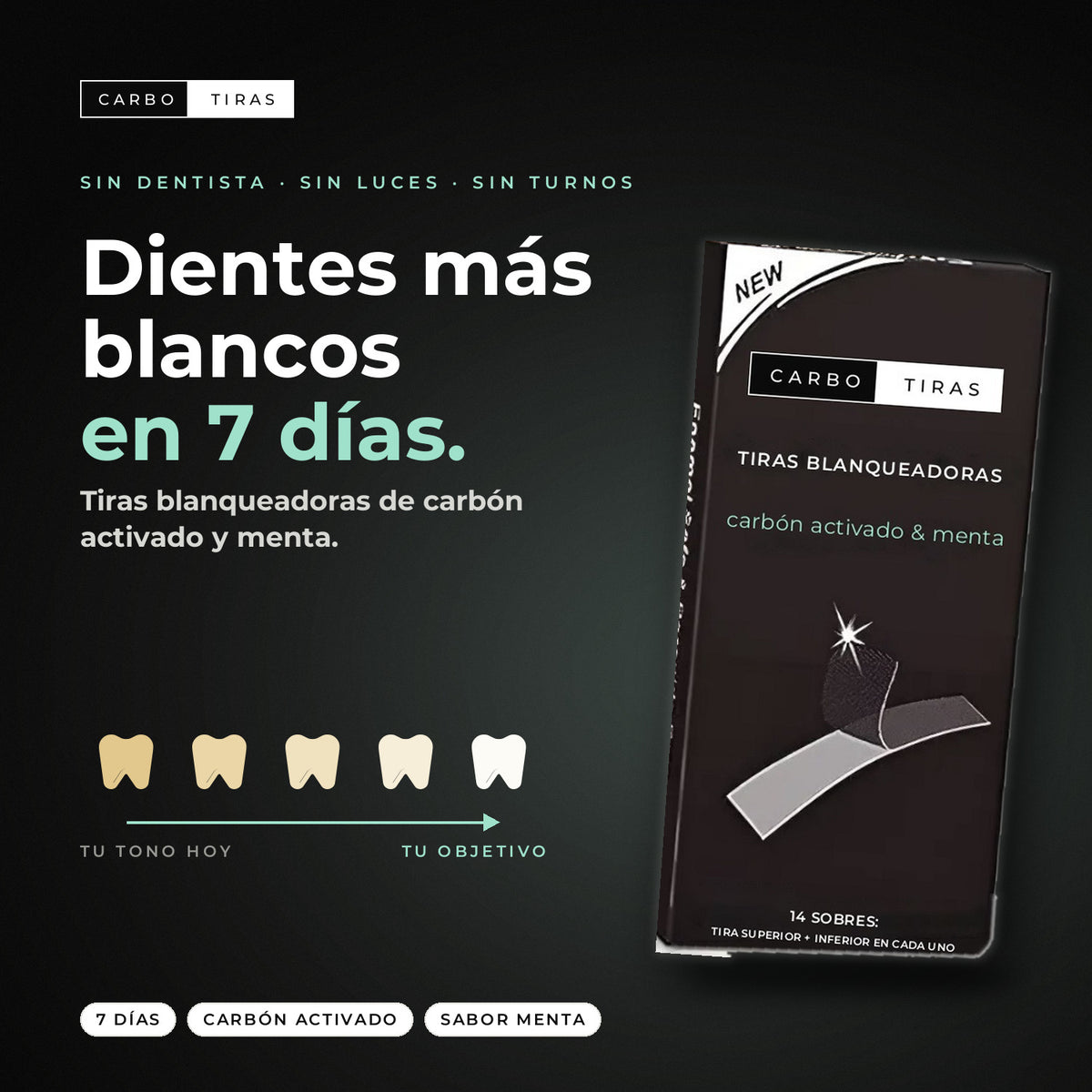 CarboTiras: dientes más blancos en 7 días, tiras blanqueadoras de carbón activado y menta