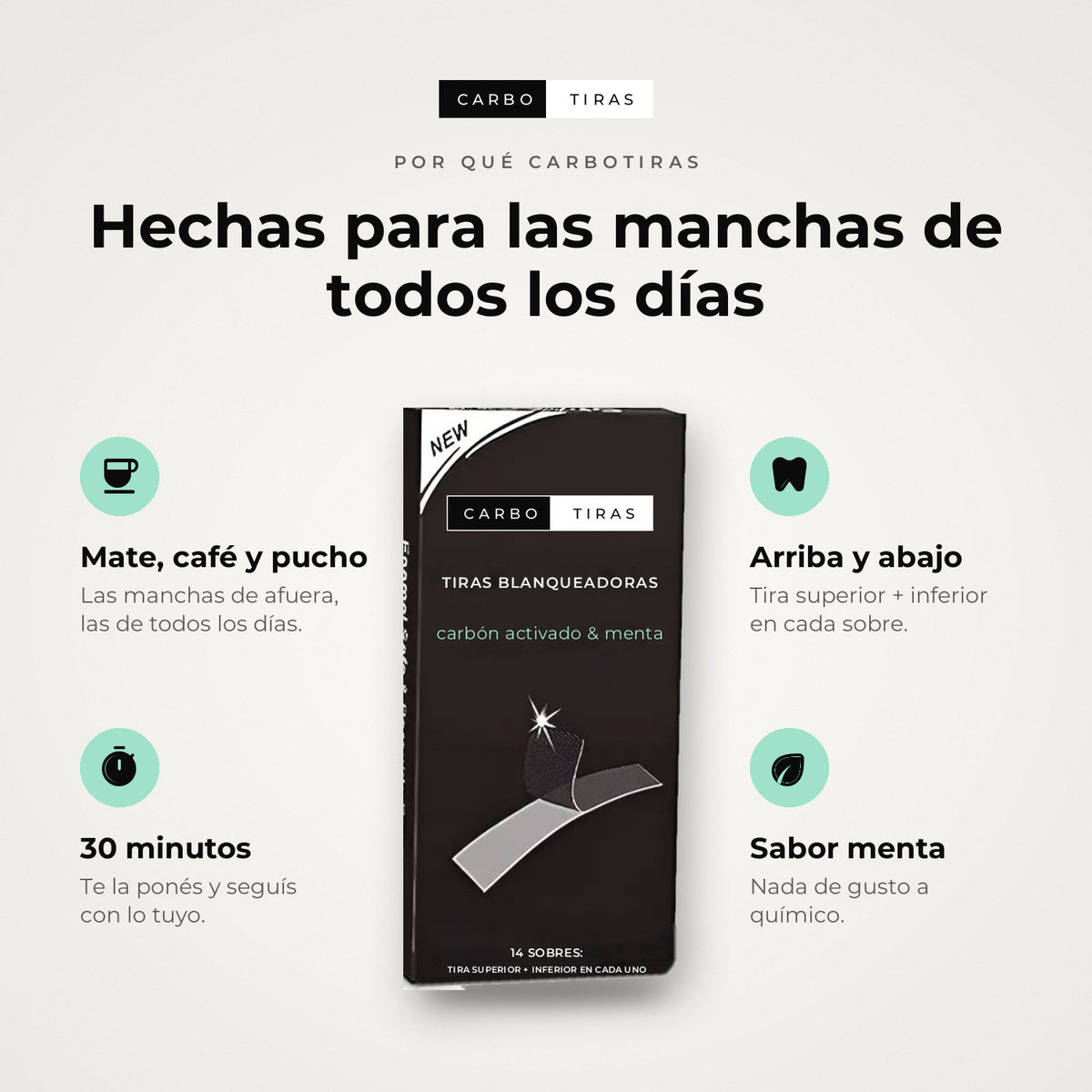 Beneficios de CarboTiras: manchas de mate, café y pucho, 30 minutos, arriba y abajo, sabor menta