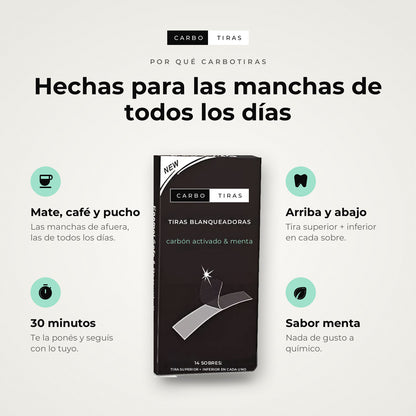 Beneficios de CarboTiras: manchas de mate, café y pucho, 30 minutos, arriba y abajo, sabor menta