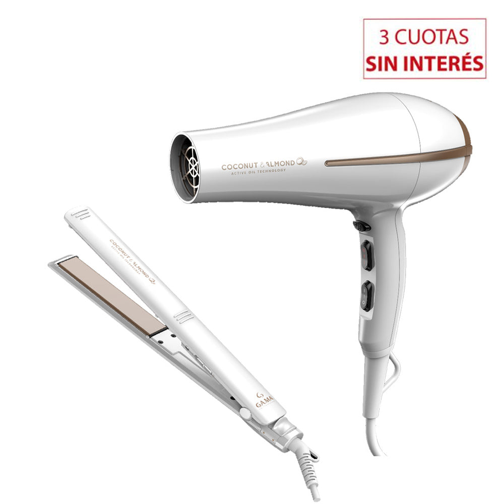 Kit Plancha + Secador Gama Coco & Almond Blanco